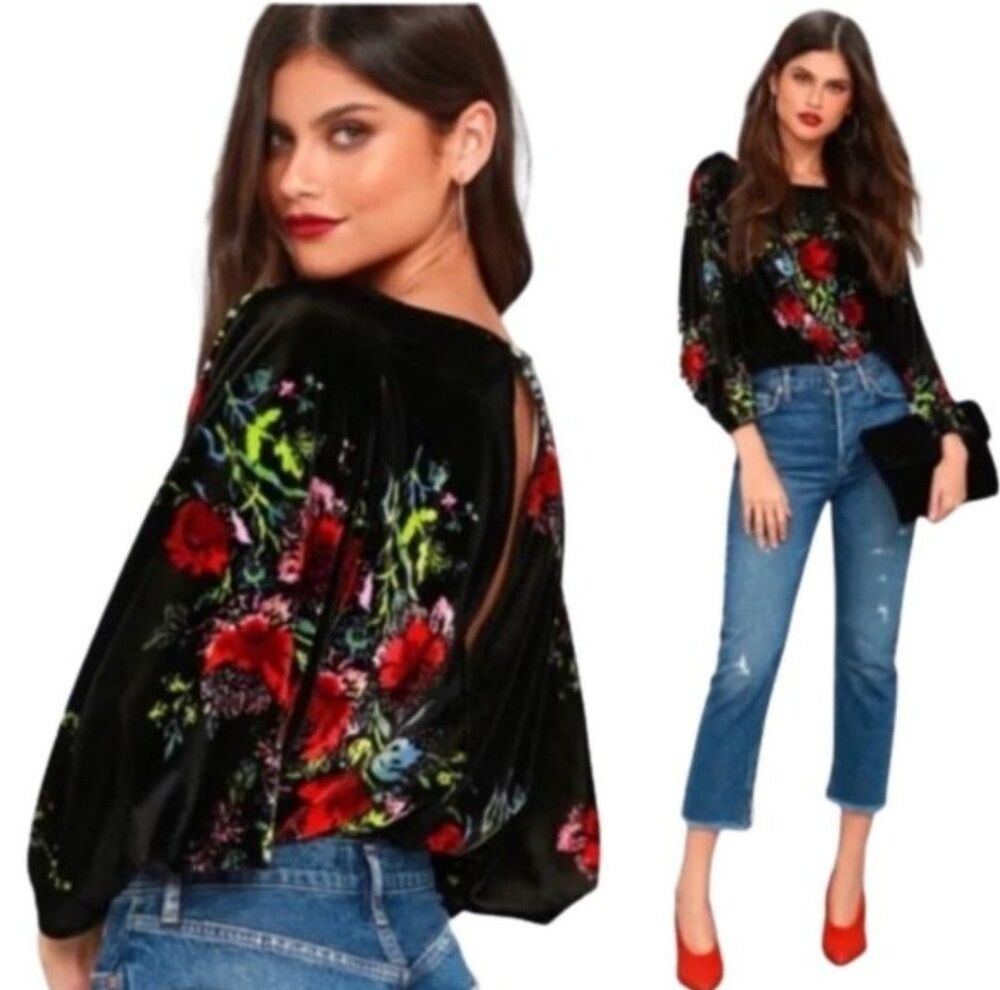 Free People Babe Slouchy Black Velvet Floral Oversized Bodysuit LARGE DARK FAIRY - Picture 3 of 10